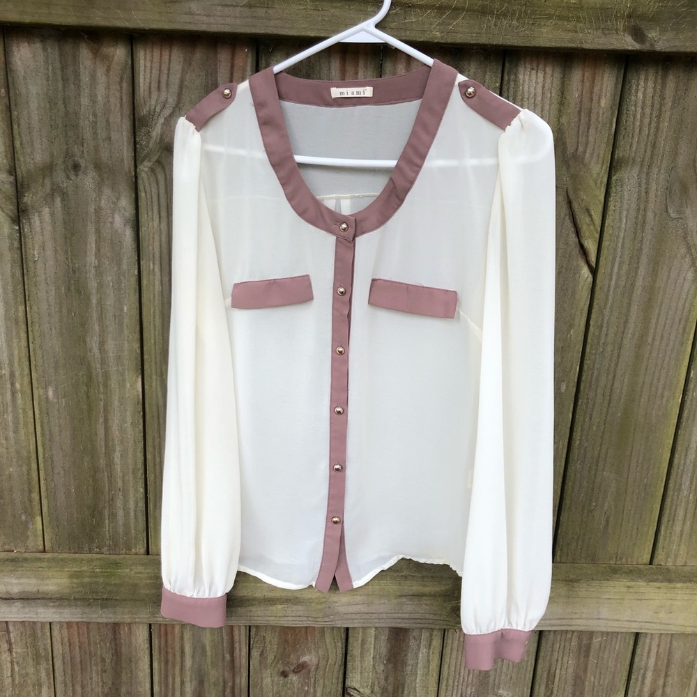 Button down cream and brown blouse